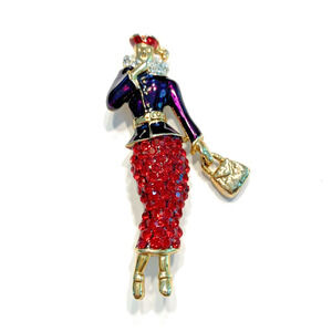 Red Hat Society Lady Brooch Large Goldtone with Purple Enamel Red Rhinestone L-S
